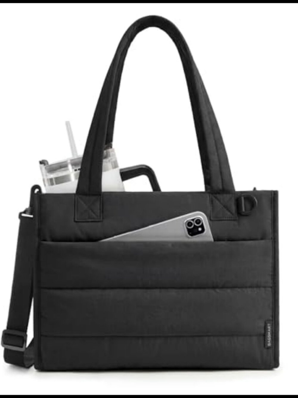 Quilted Puffer Tote Bag with Zipper Closure and Detachable Strap